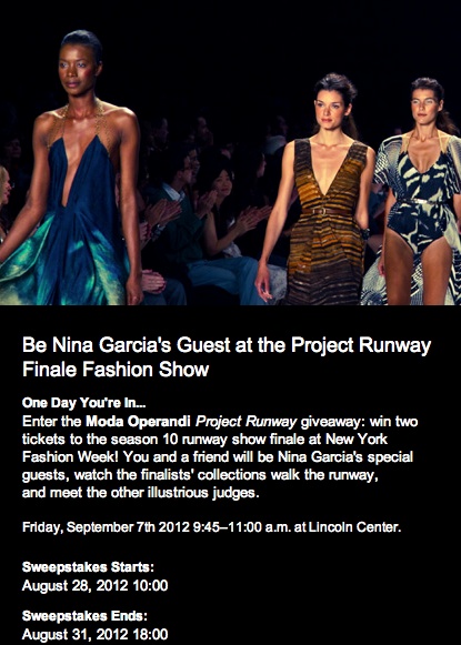 Be Nina Garcia’s guest at the Project Runway finale fashion show on Sept. 7